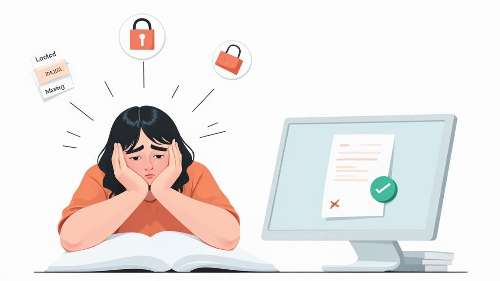 A distressed student looks at a computer with document issues, surrounded by symbols of locked and missing information.