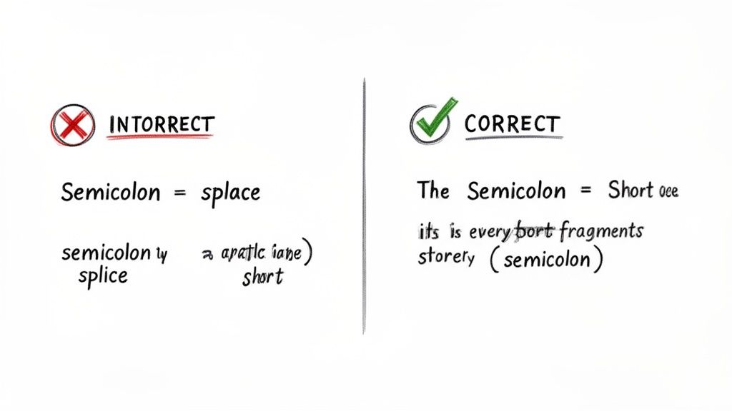 A handwritten educational guide illustrating correct and incorrect usage of semicolons.