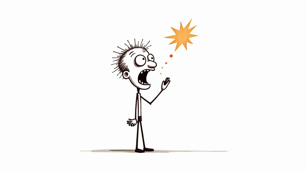 A cartoon man with spiky hair and wide eyes looks utterly surprised by an orange starburst.