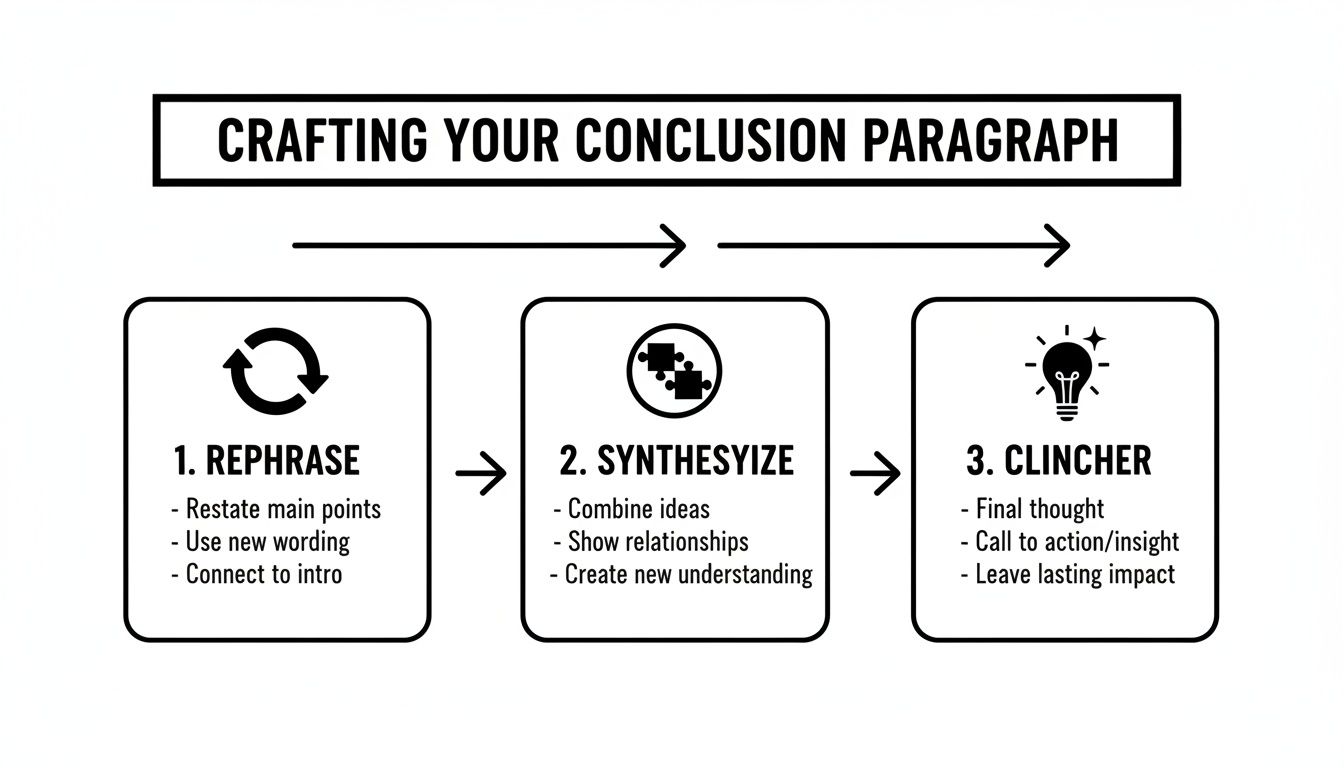 A visual guide illustrating three steps for crafting an effective conclusion paragraph.
