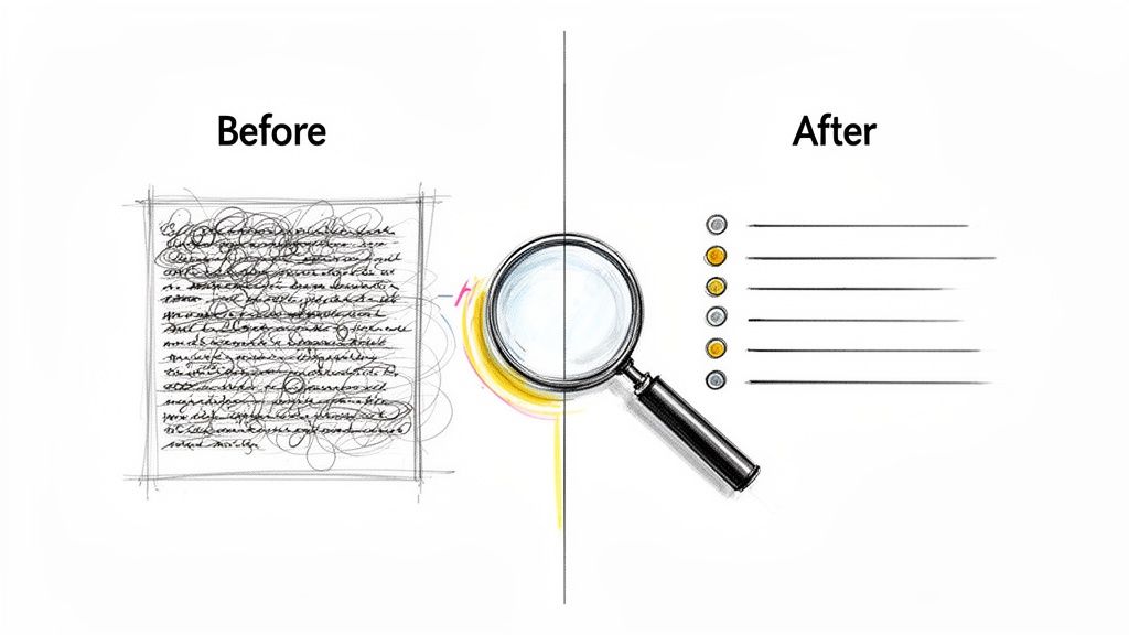 A magnifying glass transforms messy handwritten notes into a clear, concise bulleted list.