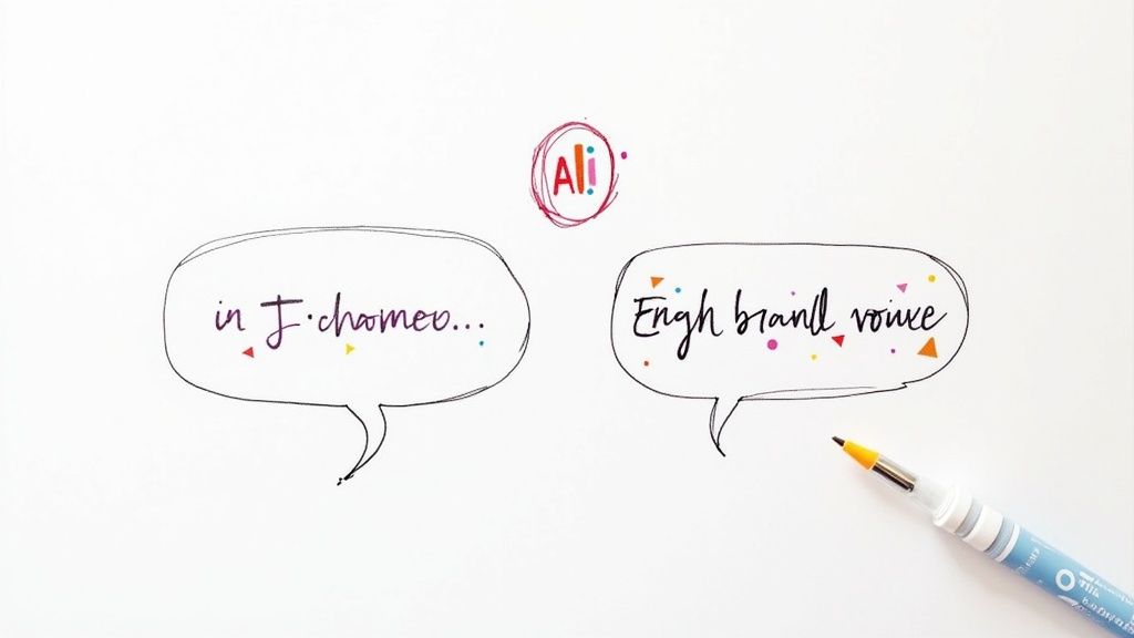 Hand-drawn speech bubbles with text 'in J. chomeo...' and 'Engh brandl voice' on white, with a pen and 'Ali!' logo.