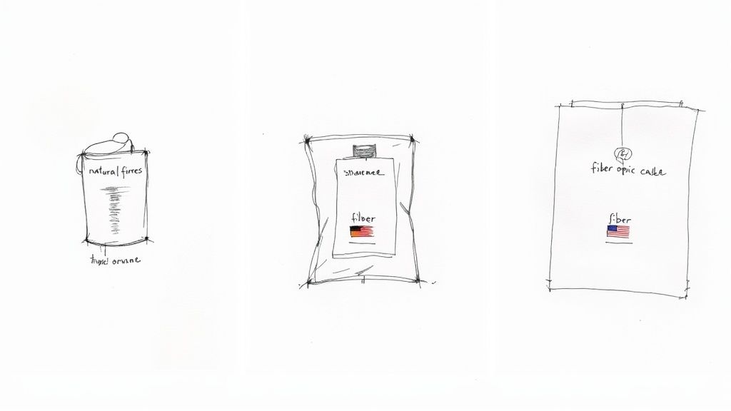 Three hand-drawn sketches illustrating different packaging concepts for natural fiber, German fiber, and American fiber optic cake.