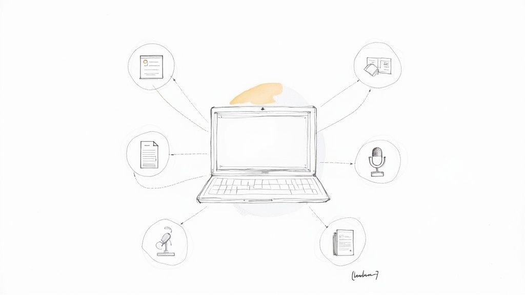 A sketch illustrating content repurposing with a laptop connecting to various content types.