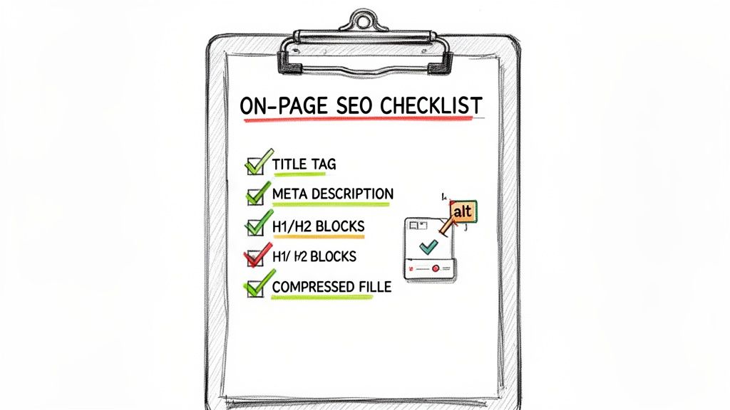A sketch of an on-page SEO checklist on a clipboard, highlighting tasks like title tags and alt text.