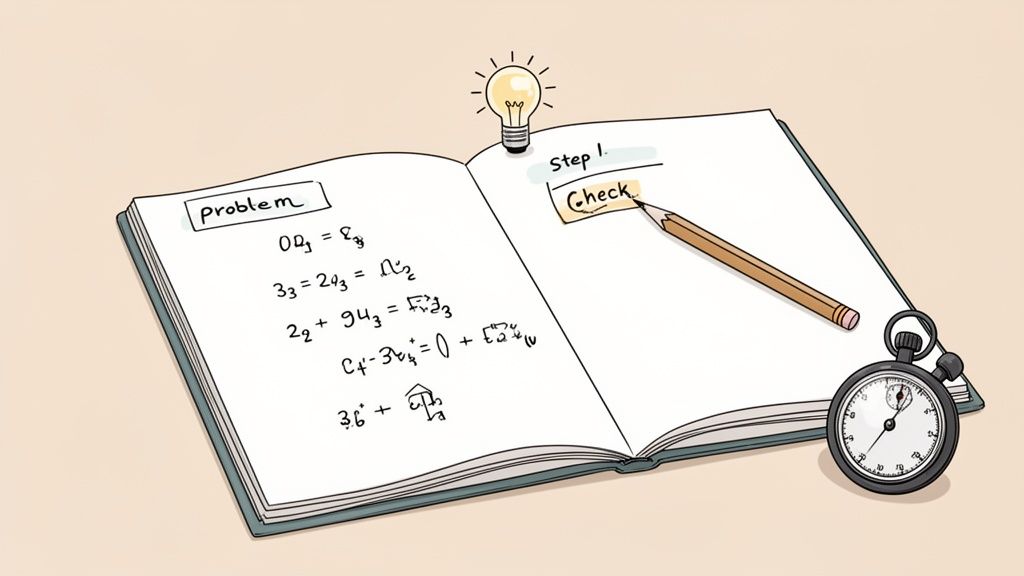 An open notebook with math problems, a pencil, a lightbulb, and a stopwatch.