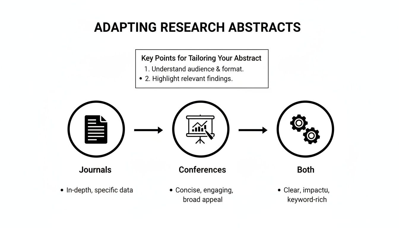Flowchart on adapting research abstracts, outlining key tailoring points for journals, conferences, or both.
