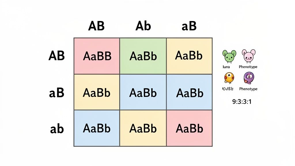 Punnett square displaying various genotypes, gametes AB, Ab, aB, ab, and a 9:3:3:1 phenotypic ratio.