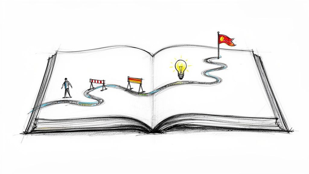 A sketch of a winding path on an open book, depicting a journey with obstacles, an idea, and a goal.