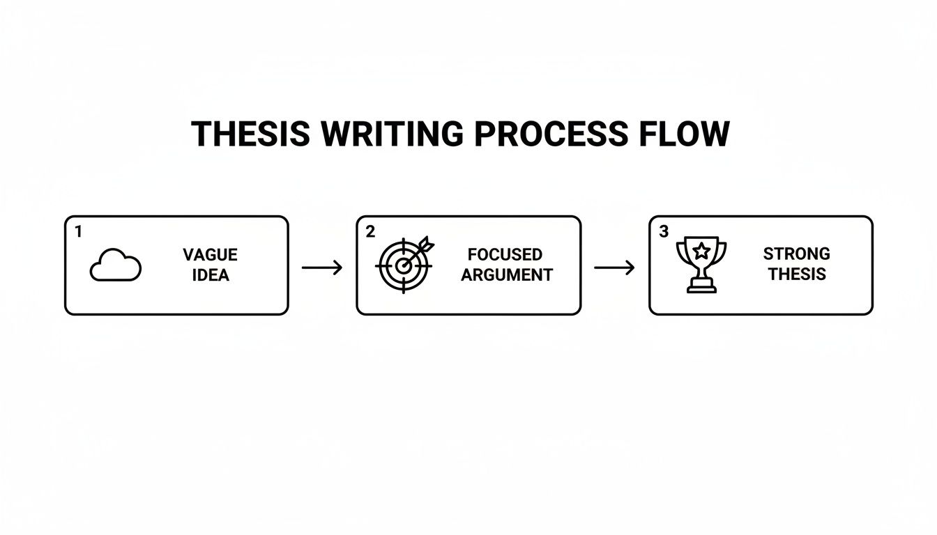 Diagram illustrating the thesis writing process, moving from a vague idea to a strong, focused thesis.
