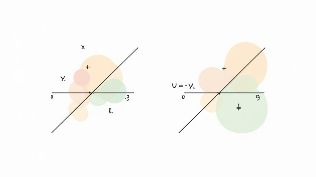 Two mathematical plots illustrating linear equations, labeled axes, and data classification.