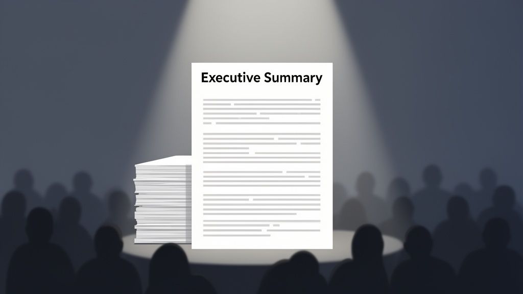 A spotlight illuminates an executive summary document and a stack of reports on a stage.