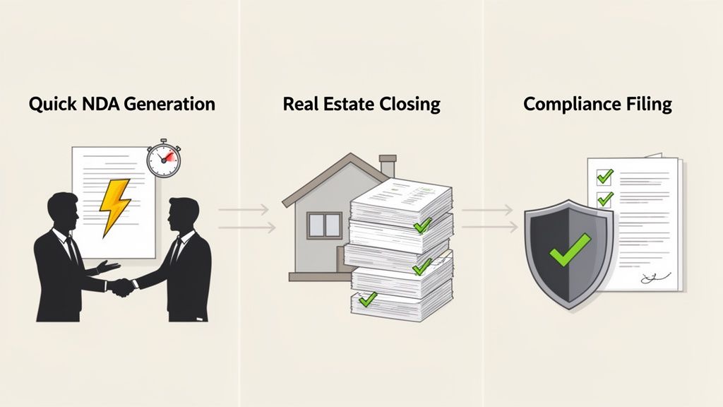 Illustration showing a three-step legal workflow for quick NDA generation, real estate closing, and compliance filing.