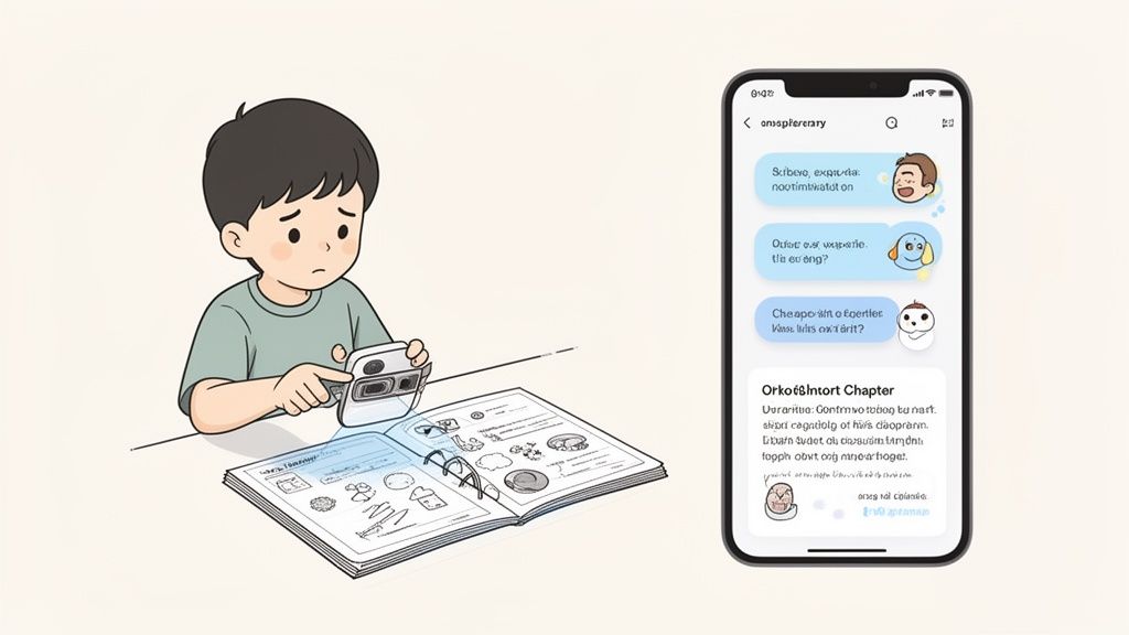 A sad cartoon boy scans a textbook with a phone, while a study app shows chat and chapter summary.