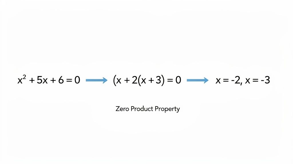 Steps for solving a quadratic equation x^2 + 5x + 6 = 0, using factoring and the zero product property.