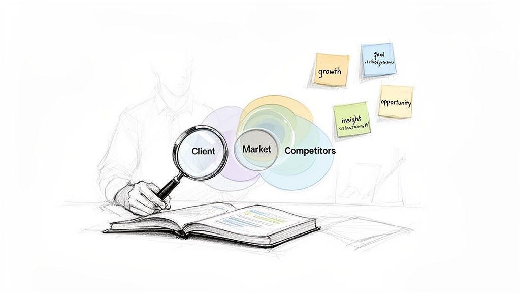 A sketched person analyzing business factors like clients, market, and competitors, with sticky notes showing strategic outcomes.