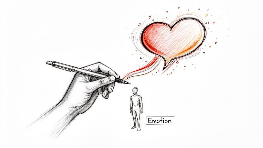 A sketch of a hand drawing a heart speech bubble, a person, and the word Emotion, symbolizing creative expression.