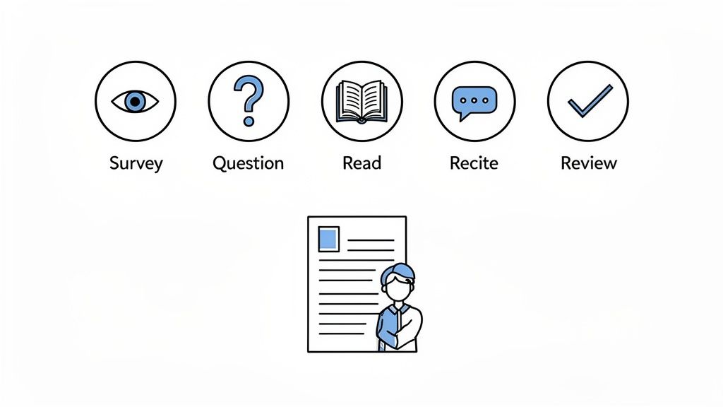 Illustration of the SQ3R study method steps: Survey, Question, Read, Recite, Review, with a student.