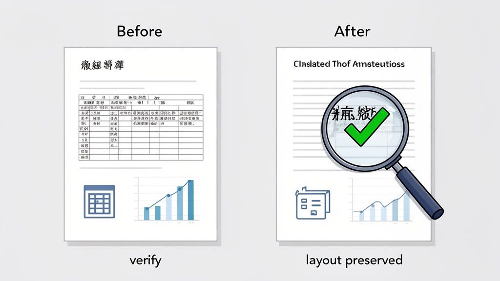 Two documents illustrate the translation of a Chinese PDF to English, emphasizing layout preservation and verification.