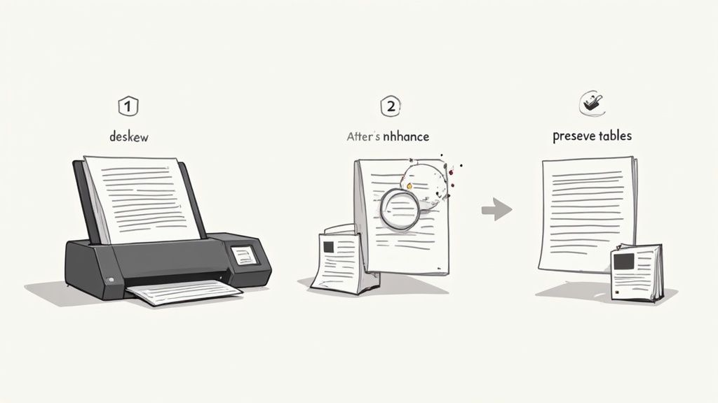 A three-step diagram illustrating document processing: deskewing, enhancement, and preserving tables from scanned documents.