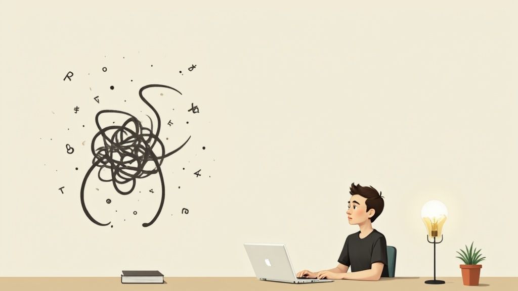 A man at his desk, contemplating a tangled problem while a lightbulb shines an idea.