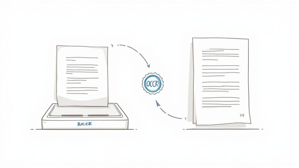 An illustration of a document being scanned by a RICER, processed via OCCR, and transformed into digital files.