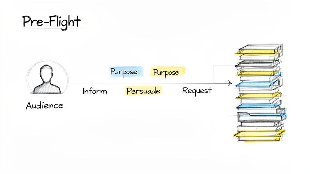 A 'Pre-Flight' diagram showing audience, communication purposes (inform, persuade, request), leading to a stack of documents.