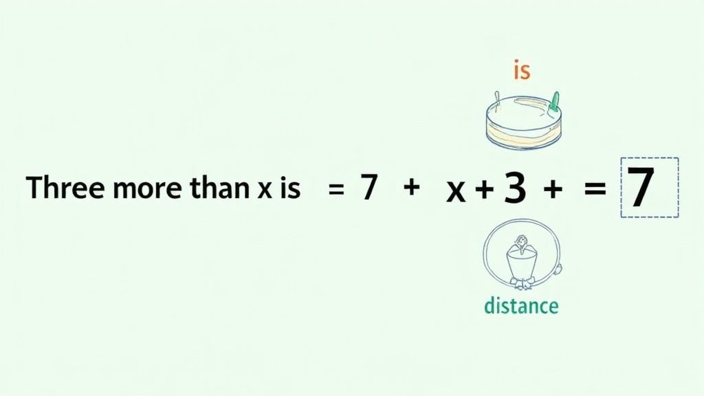 Visual algebra word problem showing equation three more than x equals seven with petri dish illustrations