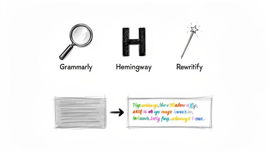 Icons for Grammarly, Hemingway, and Rewritify, demonstrating text transformation from plain to colorful.