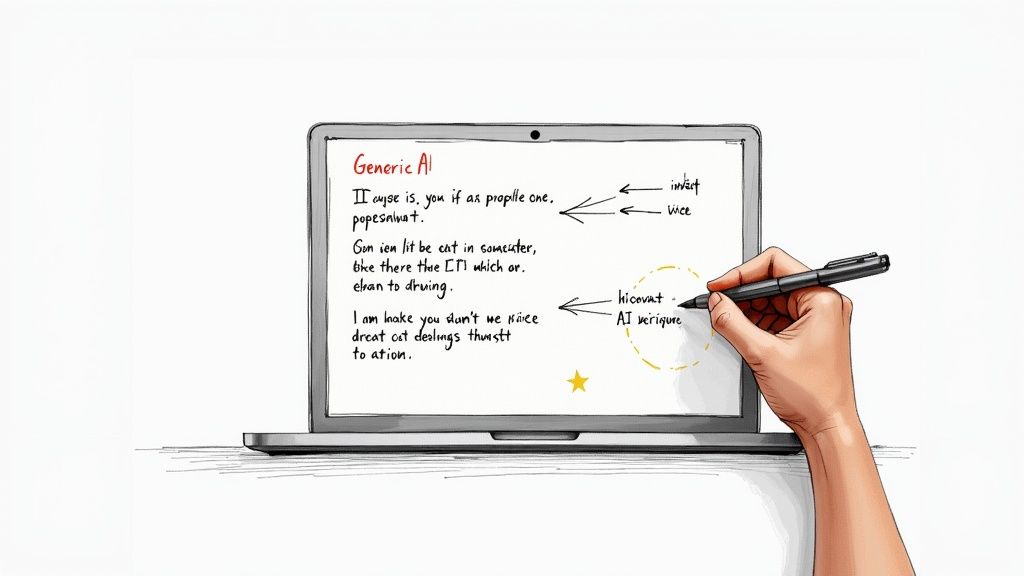A hand uses a pen to edit nonsensical text displayed on a laptop screen, labeled 'Generic AI'.
