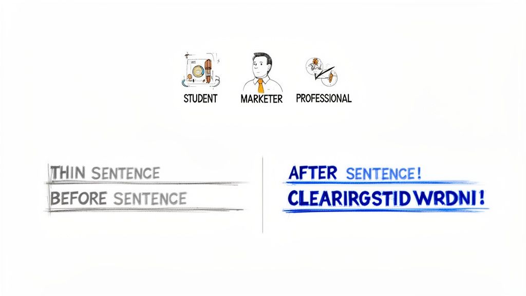 Icons for student, marketer, and professional above 'before' and 'after' sentence examples.