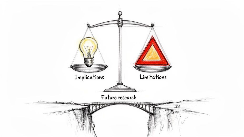 A balance scale weighing research implications (lightbulb) against limitations (warning sign), with a bridge for future research.