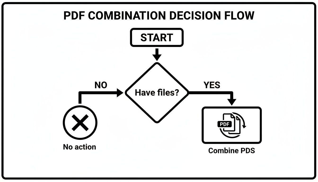 Flowchart illustrating the decision process for combining PDF files: start, check for files, then combine or take no action.