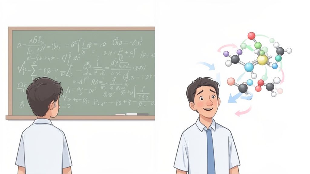 Two students, one contemplating math equations, the other visualizing complex organic chemistry molecules.