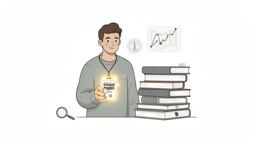A cartoon man holds a glowing ID badge, surrounded by books, a magnifying glass, and abstract charts.