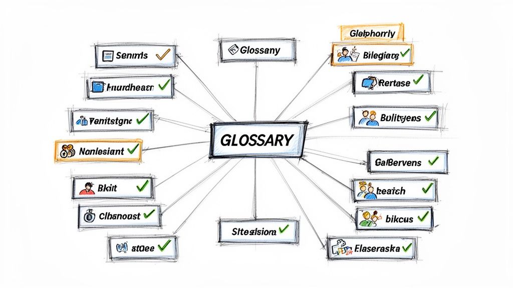 A hand-drawn mind map displaying 'GLOSSARY' at its center, with various connected terms and icons.
