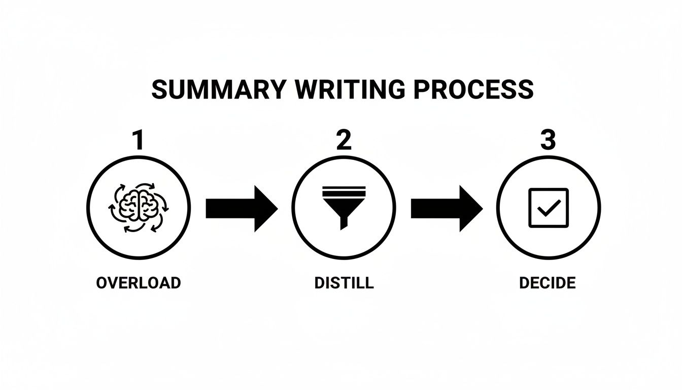 Diagram illustrating the three-step summary writing process: Overload, Distill, Decide.