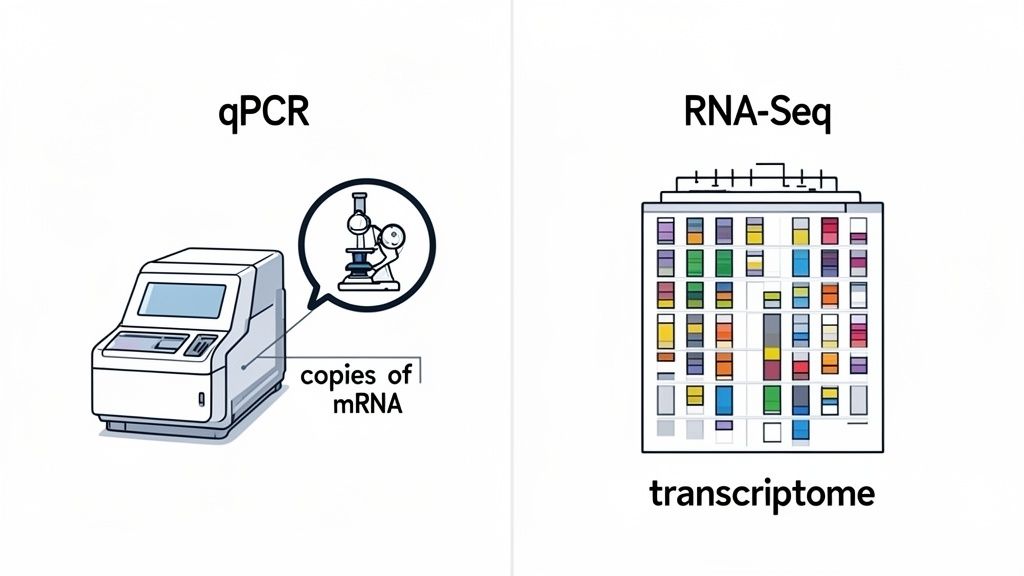 Diagram comparing qPCR for specific mRNA quantification and RNA-Seq for comprehensive transcriptome analysis.