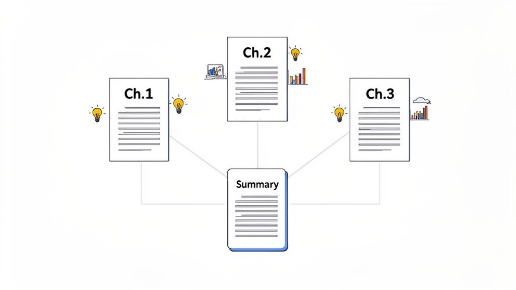 Diagram illustrating three book chapters connected to a central summary document with ideas and data.