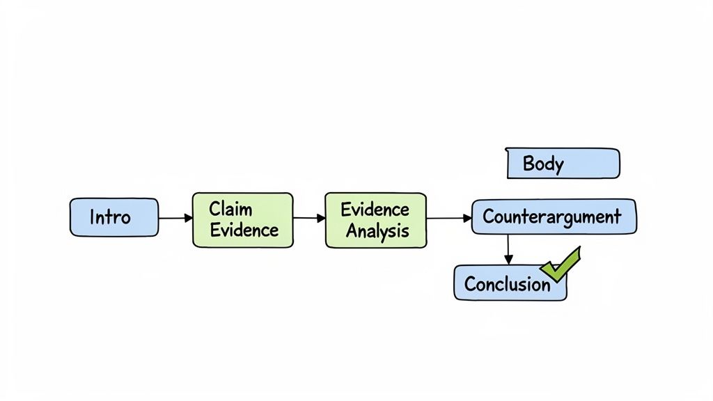 Flowchart illustrating the structured steps of writing an argumentative essay, from introduction to conclusion.