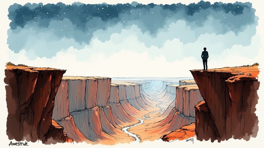 A person stands at the edge of a grand canyon, overlooking a winding river under a starry, cloudy sky.