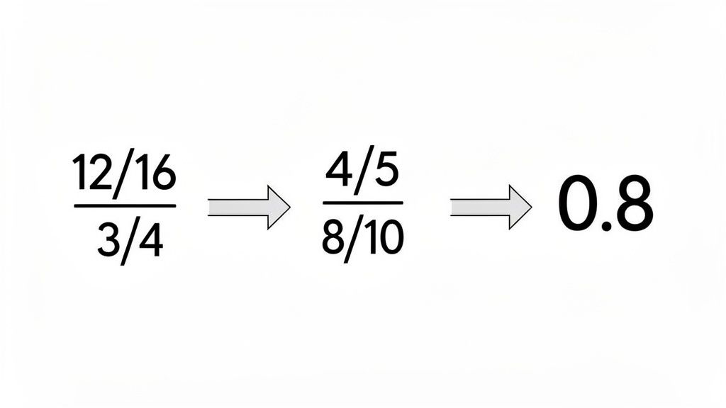 Various fractions (12/16, 3/4, 4/5, 8/10) and a decimal (0.8) connected by arrows.