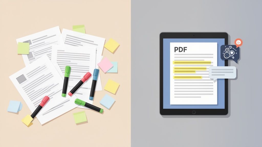 Traditional paper documents with highlighters and sticky notes versus digital PDF annotation on a tablet.