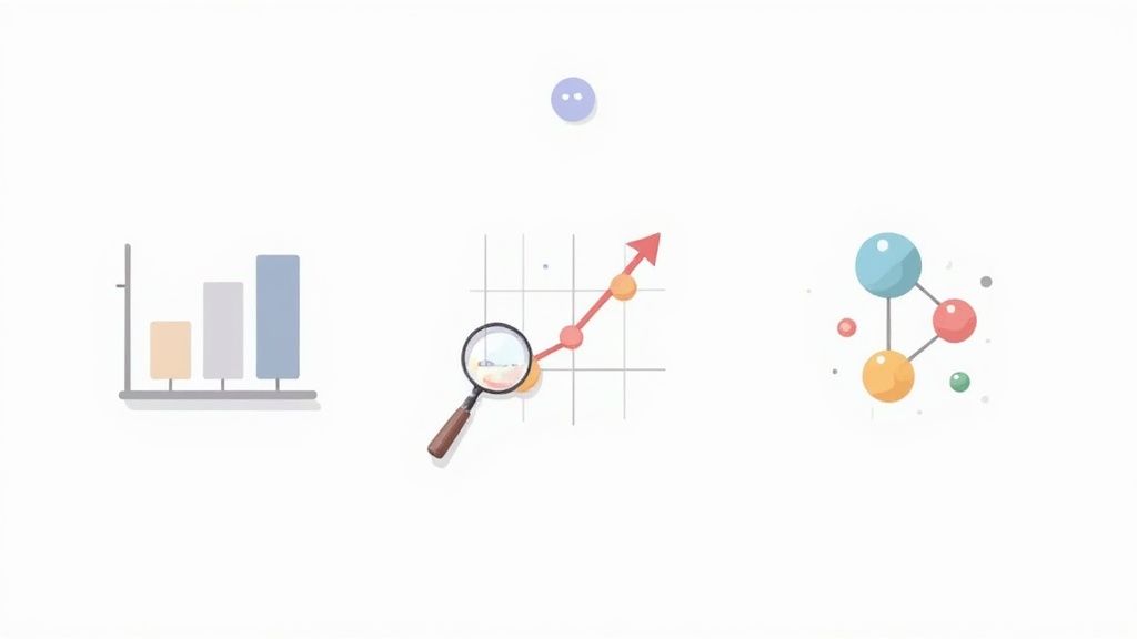 Set of data visualization icons including a bar chart, line graph, and network of spheres.