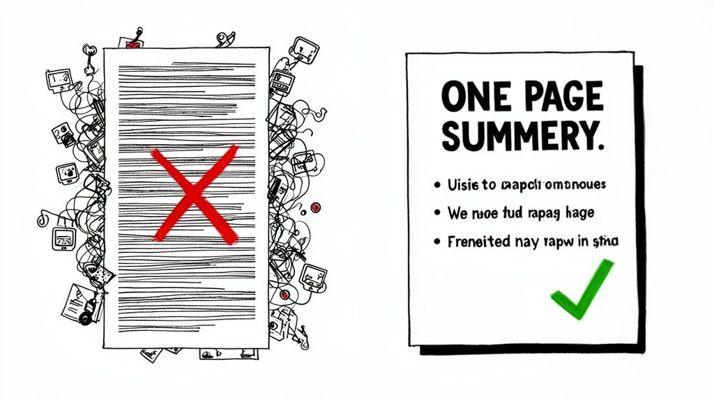 A visual contrast between a messy, multi-page report with a red 'X' and a clear, one-page summary with a green checkmark.