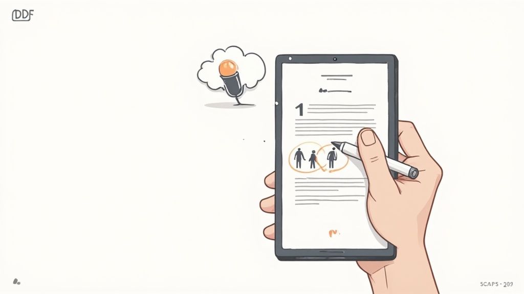 A hand holds a tablet, highlighting content with a stylus, featuring people icons and a microphone.