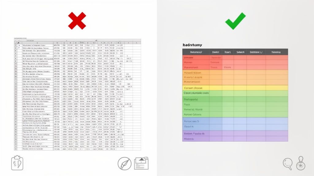 Visual comparison showing a cluttered spreadsheet next to a clear, color-coded template.