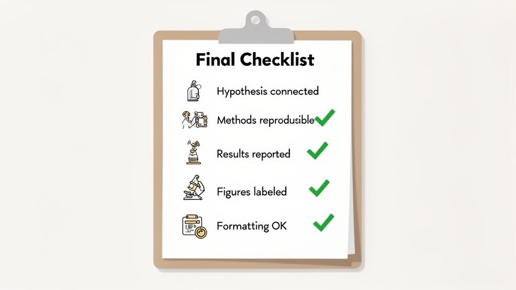A clipboard with a "Final Checklist" showing tasks for a report, some checked off with green ticks.