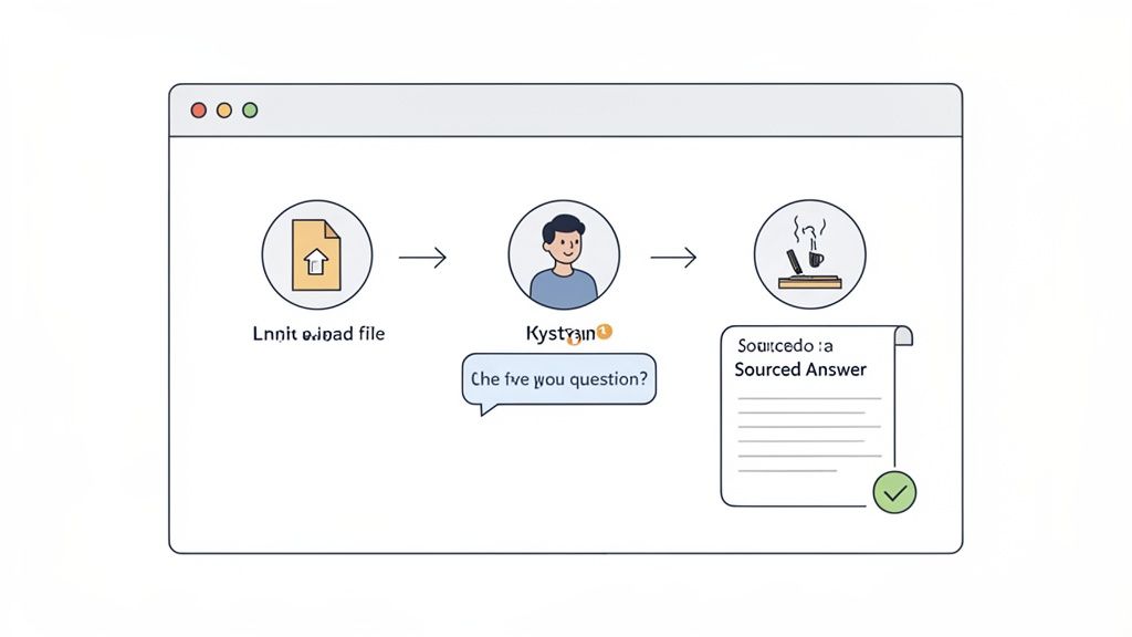 Illustration of an AI question answering process: upload file, ask question, receive a sourced answer.