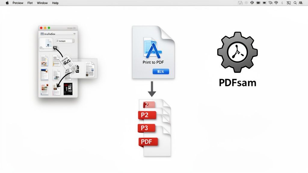 Diagram illustrating how multiple documents are converted to a single PDF using 'Print to PDF' and managed by PDFsam.